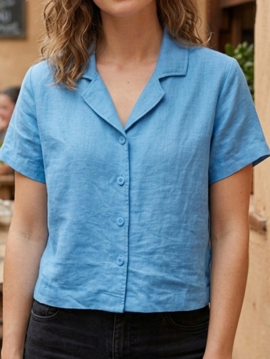 Elie Tahari Tops - Elie Tahari 100% Linen Short Sleeve Button-Down Crop Shirt - Sky Blue (Size S)